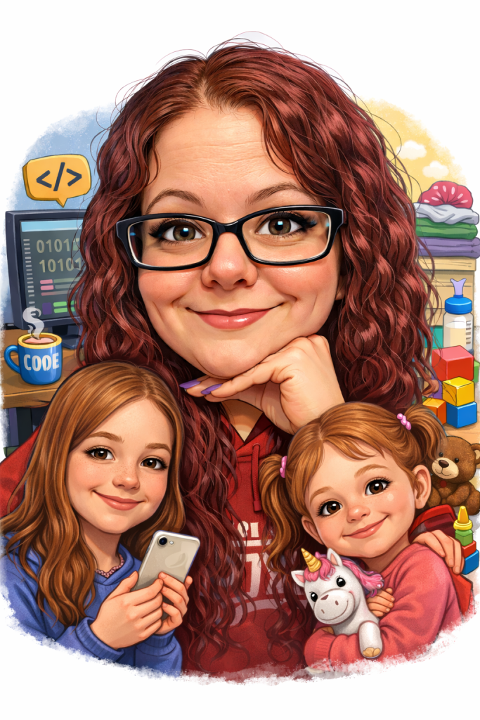Illustrated caricature of a woman with two children, smiling together in a cozy home setting with creative and family-themed elements in the background.
