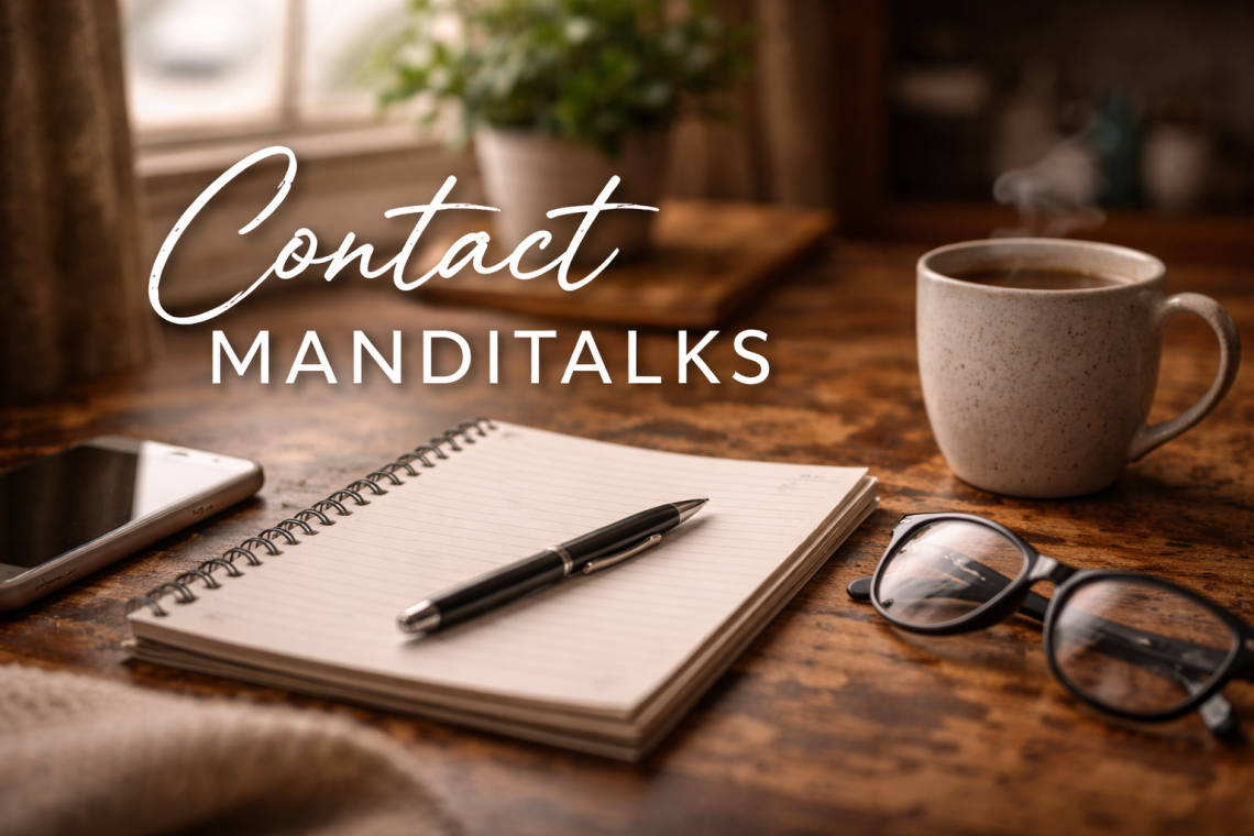 Contact MandiTalks workspace with notebook, pen, phone, glasses, and coffee on a wooden desk.