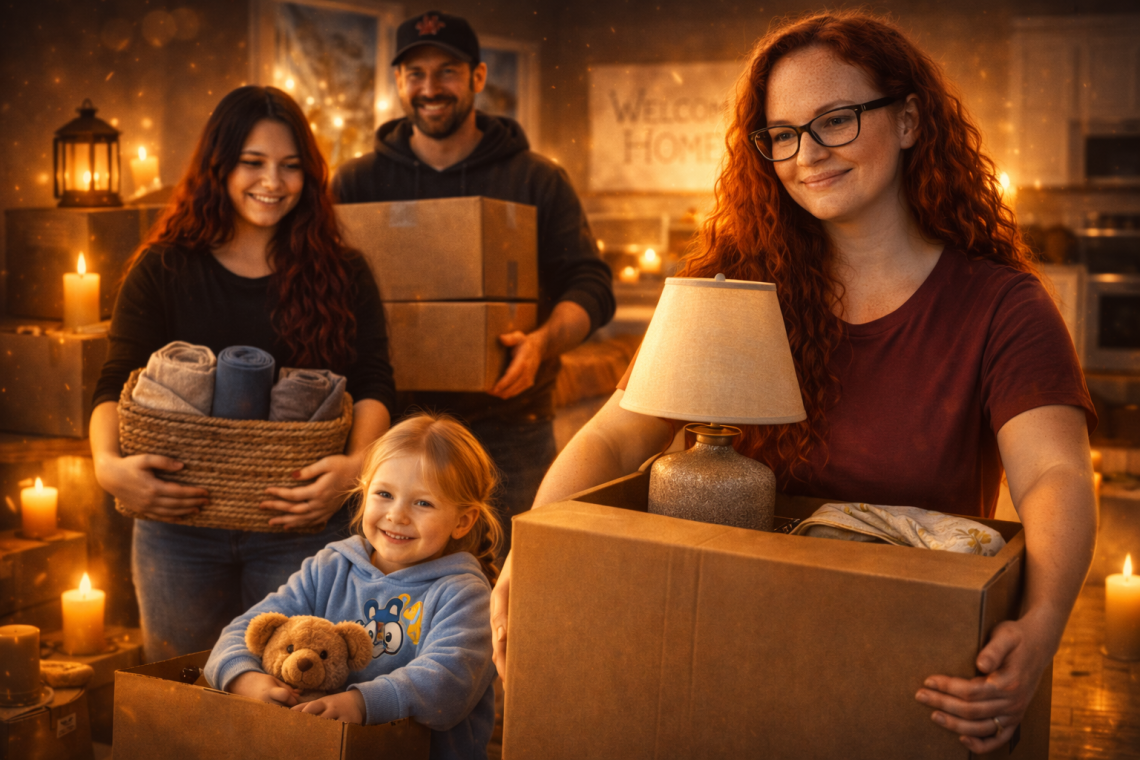 A family carrying boxes and household items while moving into our new place on a bright moving day.