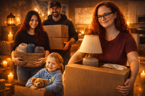 A family carrying boxes and household items while moving into our new place on a bright moving day.