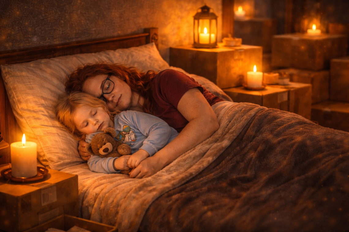 A mother and young child sleeping together in a softly lit bedroom surrounded by moving boxes during our first night in our new place.