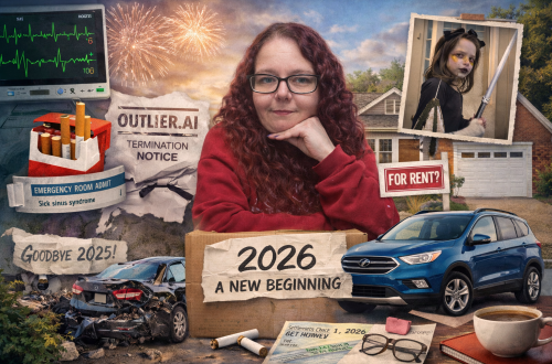 A collage-style image showing a woman surrounded by symbols of hardship and transition, including medical monitors, job loss paperwork, housing uncertainty, a damaged car, a new vehicle, family imagery, and signs of hope marking the start of a new year.