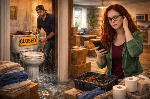 A couple dealing with apartment maintenance issues and real life as water pours from a broken toilet while moving boxes sit in the background.