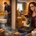 A couple dealing with apartment maintenance issues and real life as water pours from a broken toilet while moving boxes sit in the background.