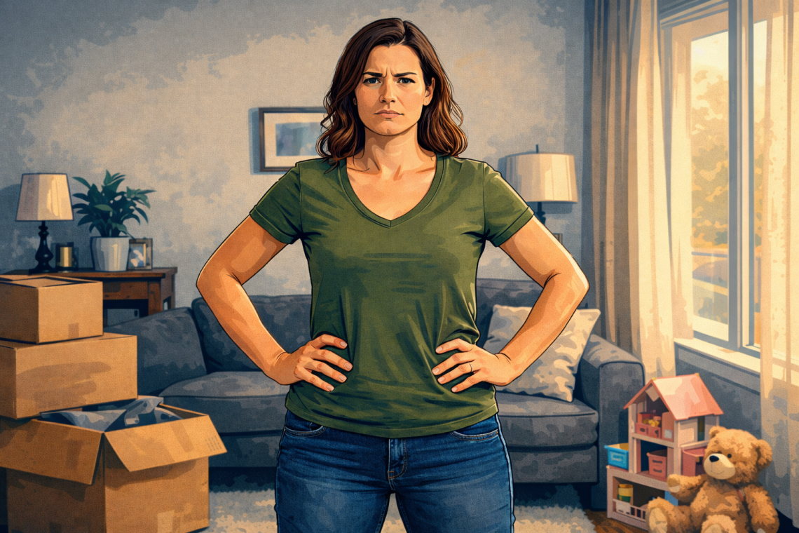 Woman standing firmly in a living room representing setting boundaries with family and reclaiming independence.