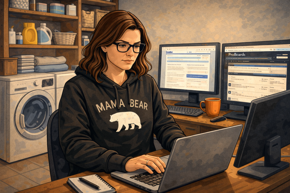 Woman in black Mama Bear hoodie and black framed glasses working on a laptop in a laundry room home office while trying to build a life of our own