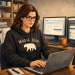 Woman in black Mama Bear hoodie and black framed glasses working on a laptop in a laundry room home office while trying to build a life of our own