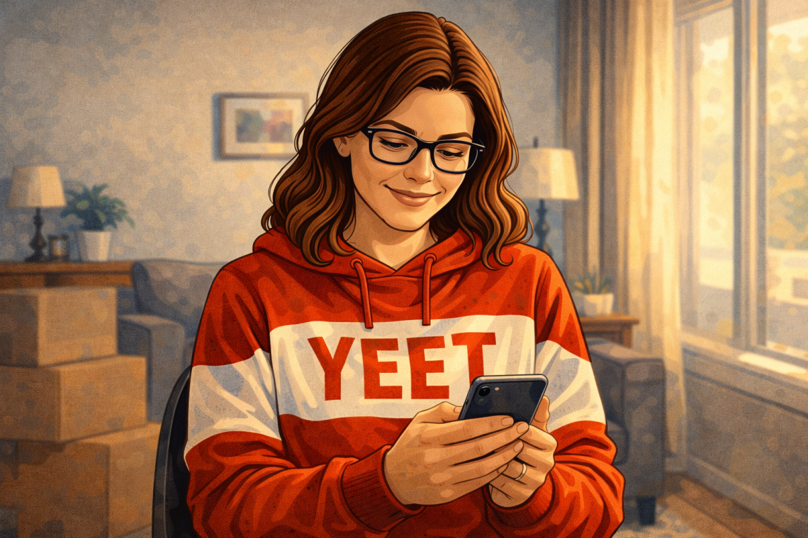 Woman smiling softly while looking at her phone representing the friends who hold you together during difficult seasons