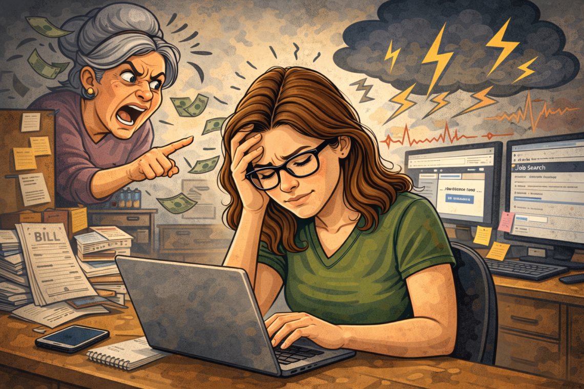 Caricature style illustration of a woman sitting at a desk with her head lowered in thought, symbolizing when stress comes from every direction