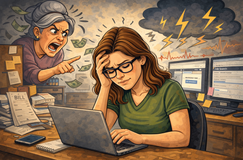 Caricature style illustration of a woman sitting at a desk with her head lowered in thought, symbolizing when stress comes from every direction