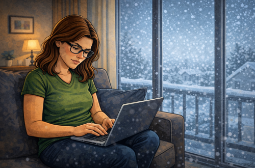 Illustration of a woman sitting on a couch with a laptop near balcony doors watching heavy snow fall, symbolizing feeling pushed to my limit during a winter storm
