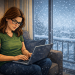 Illustration of a woman sitting on a couch with a laptop near balcony doors watching heavy snow fall, symbolizing feeling pushed to my limit during a winter storm