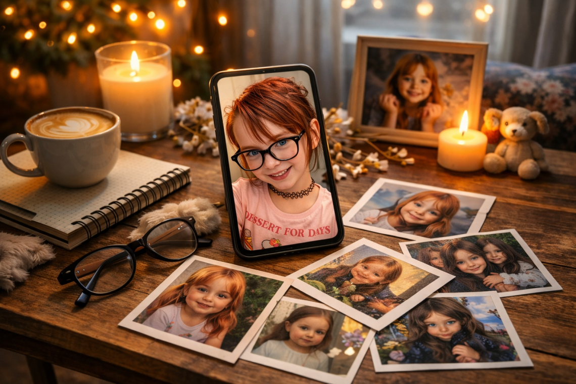 A video call with a smiling child surrounded by childhood photos, symbolizing my daughter’s birthday far away and long-distance motherhood.