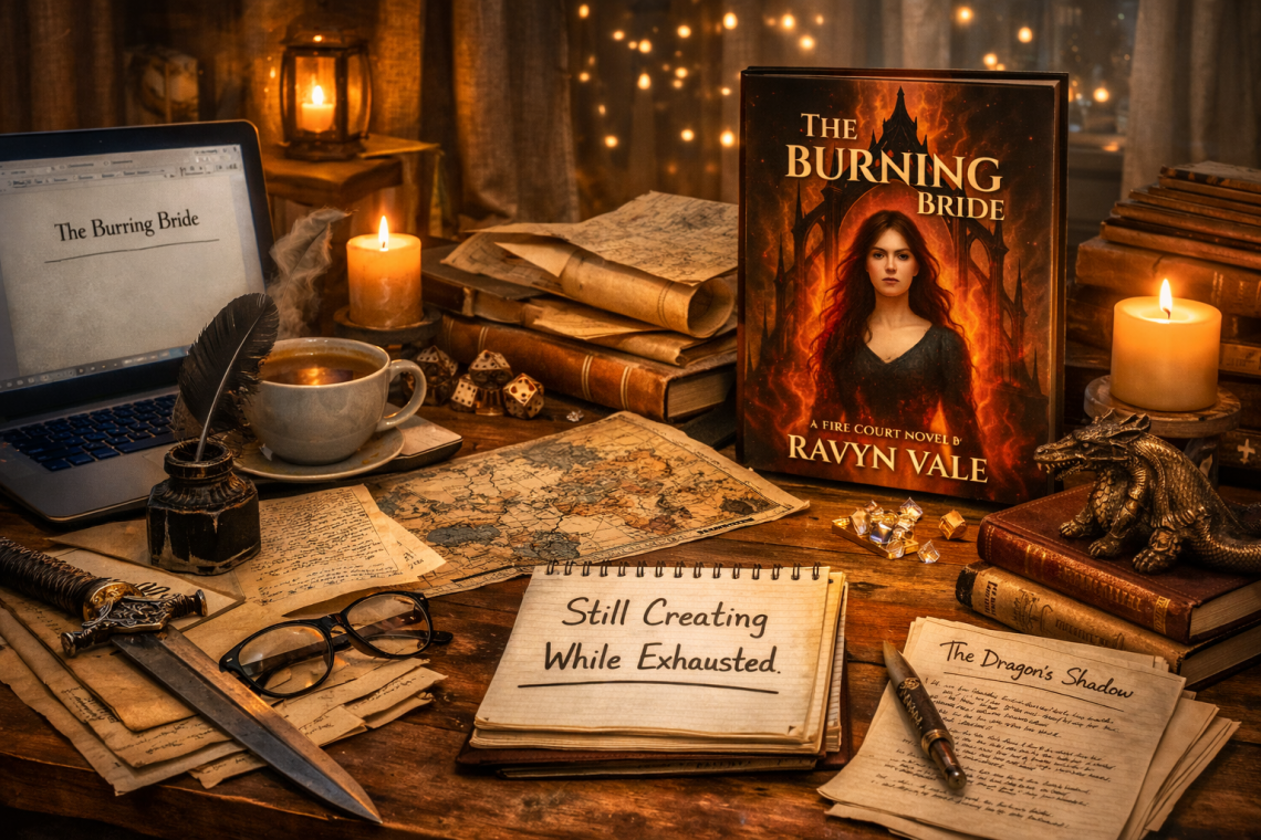 A fantasy writing workspace with a novel draft, maps, candles, and a book cover, representing creating while exhausted during a difficult season.
