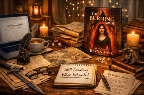 A fantasy writing workspace with a novel draft, maps, candles, and a book cover, representing creating while exhausted during a difficult season.