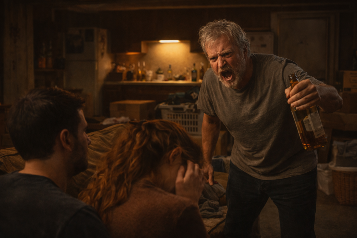 A tense basement scene showing adults in conflict, representing living grateful and traumatized inside an emotionally unsafe home.