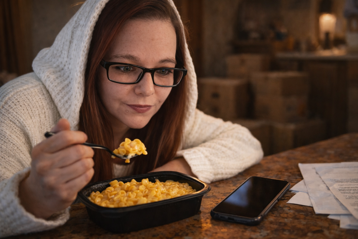 A woman sits by her phone eating a simple meal, capturing the quiet tension of waiting for answers without breaking.