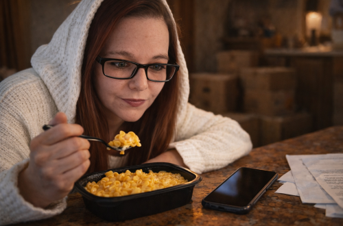 A woman sits by her phone eating a simple meal, capturing the quiet tension of waiting for answers without breaking.
