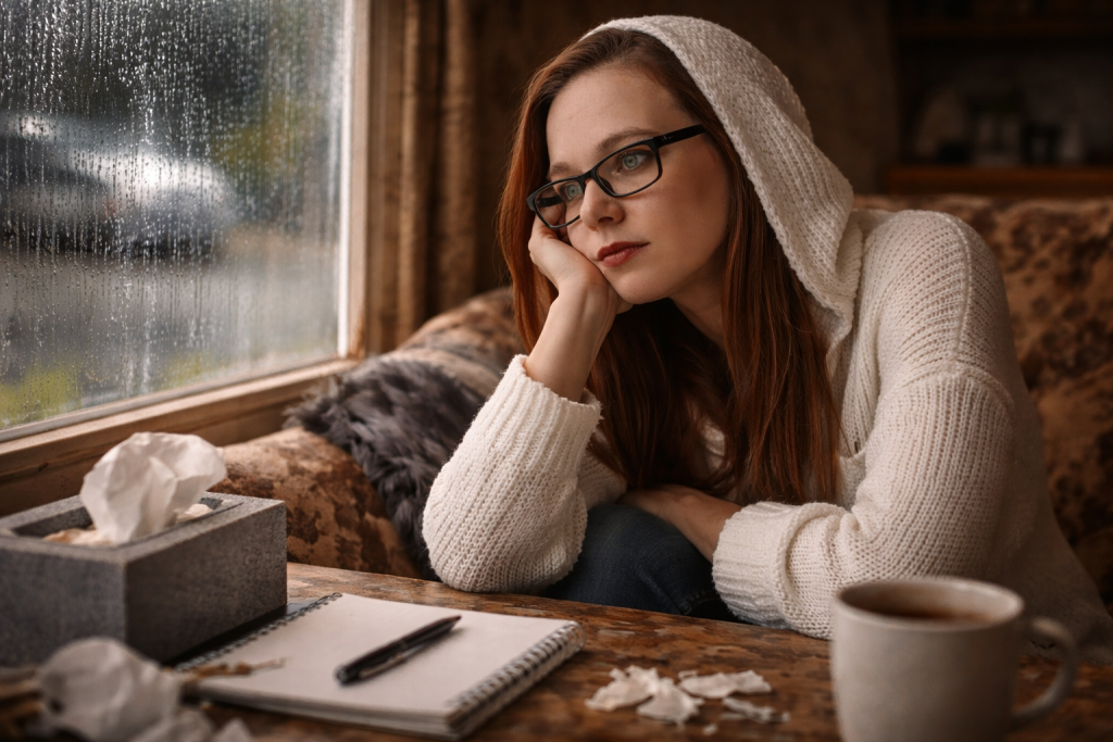 A woman sits quietly by a window on a couch, reflecting while holding it together in uncertainty during a difficult season.