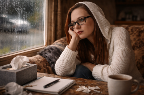 A woman sits quietly by a window on a couch, reflecting while holding it together in uncertainty during a difficult season.