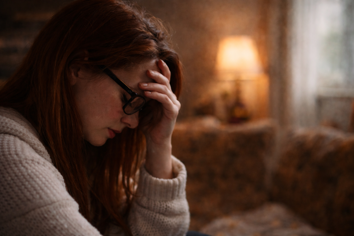 A woman sits quietly with her hand on her forehead, trying to stay calm while everything is on the line during a stressful moment.