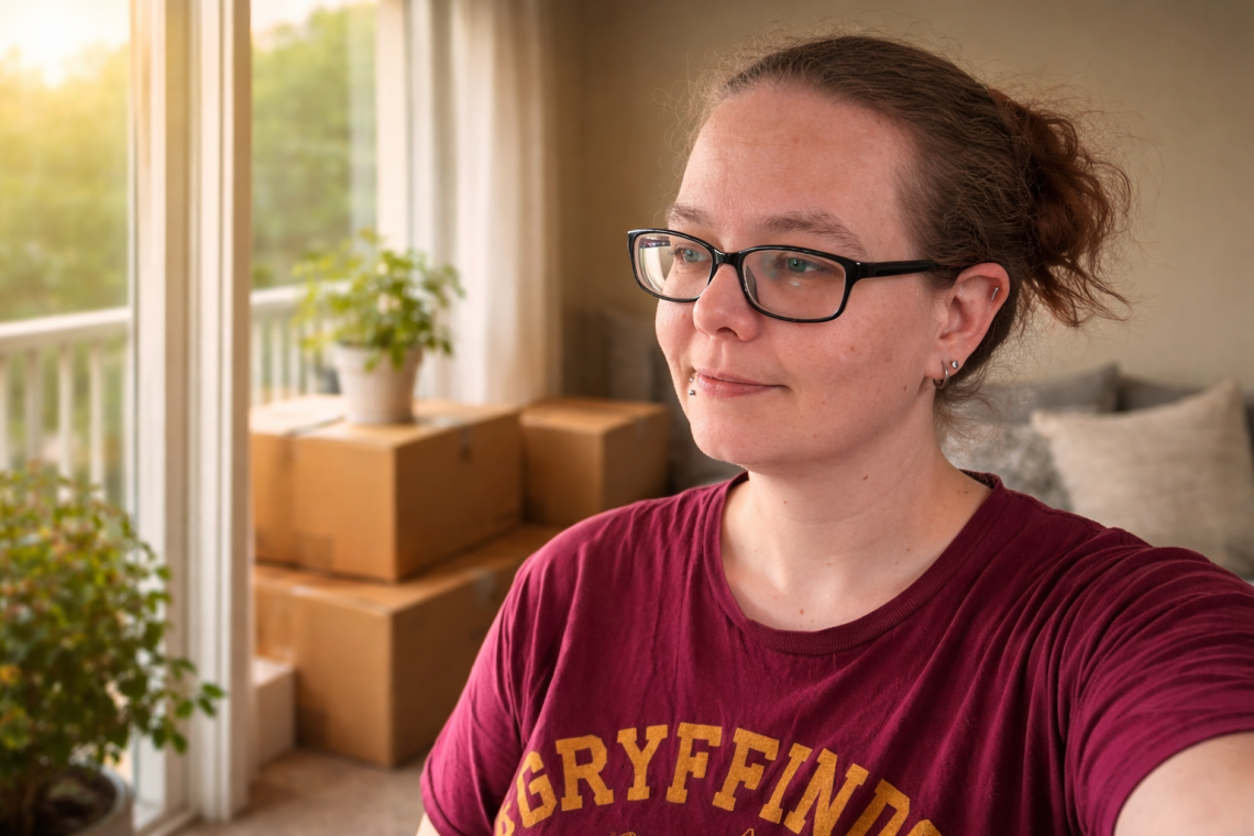 A quiet, hopeful moment indoors as things are starting to look up after a long period of uncertainty.