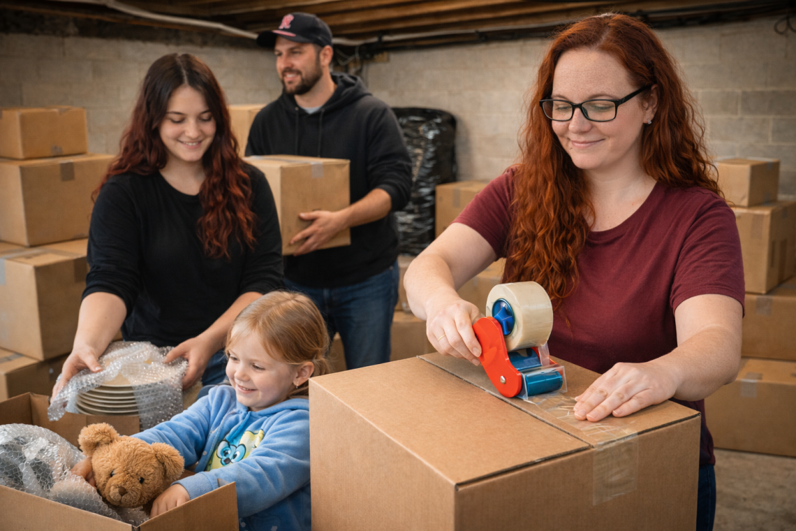 A family packing boxes in a dim basement while getting ready to move to a new home.