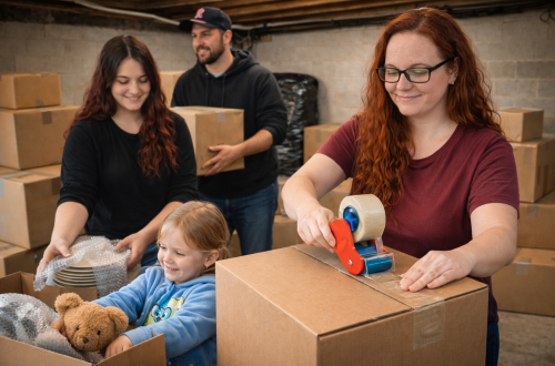 A family packing boxes in a dim basement while getting ready to move to a new home.